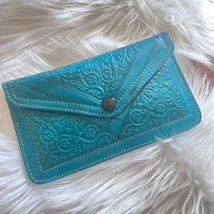 Embossed Turquoise Leather Envelope Wallet for Women
